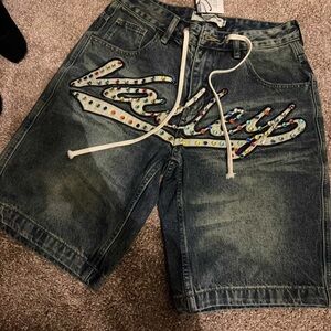 Valley Blue Denim Shorts with Multicolor Stud Embellishment